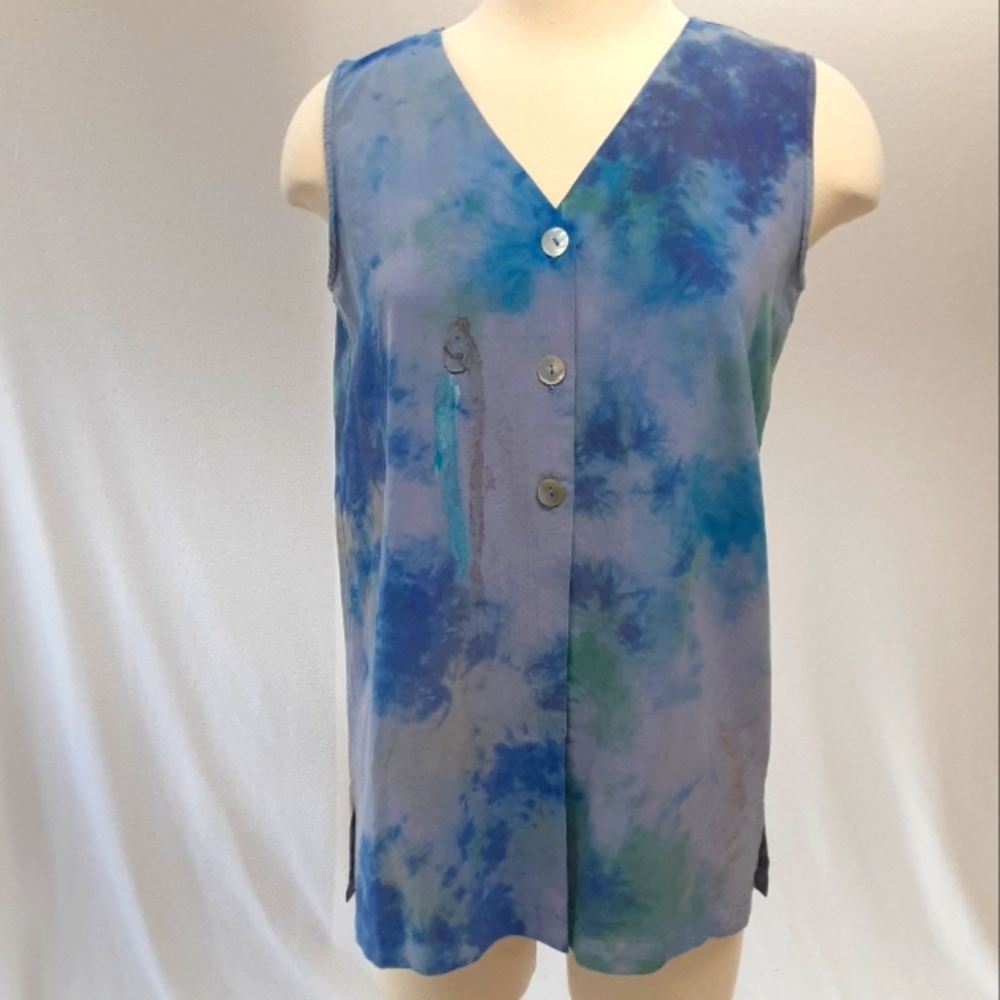 Alaskan artisan tie dye silk tunic top in ocean blues &greens NWT Clio Petites